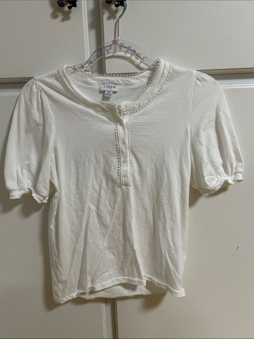 J. Crew Factory White Cotton Short Sleeve Puff Sleeve Henley XS